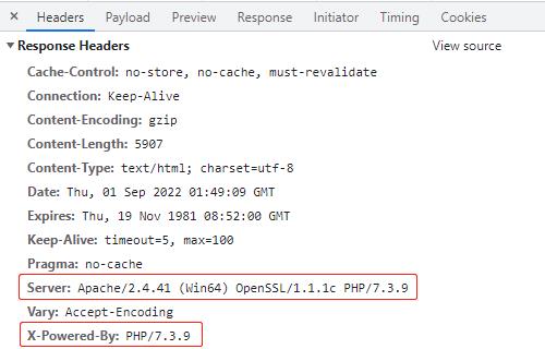 响应头中包含服务器信息和PHP版本信息